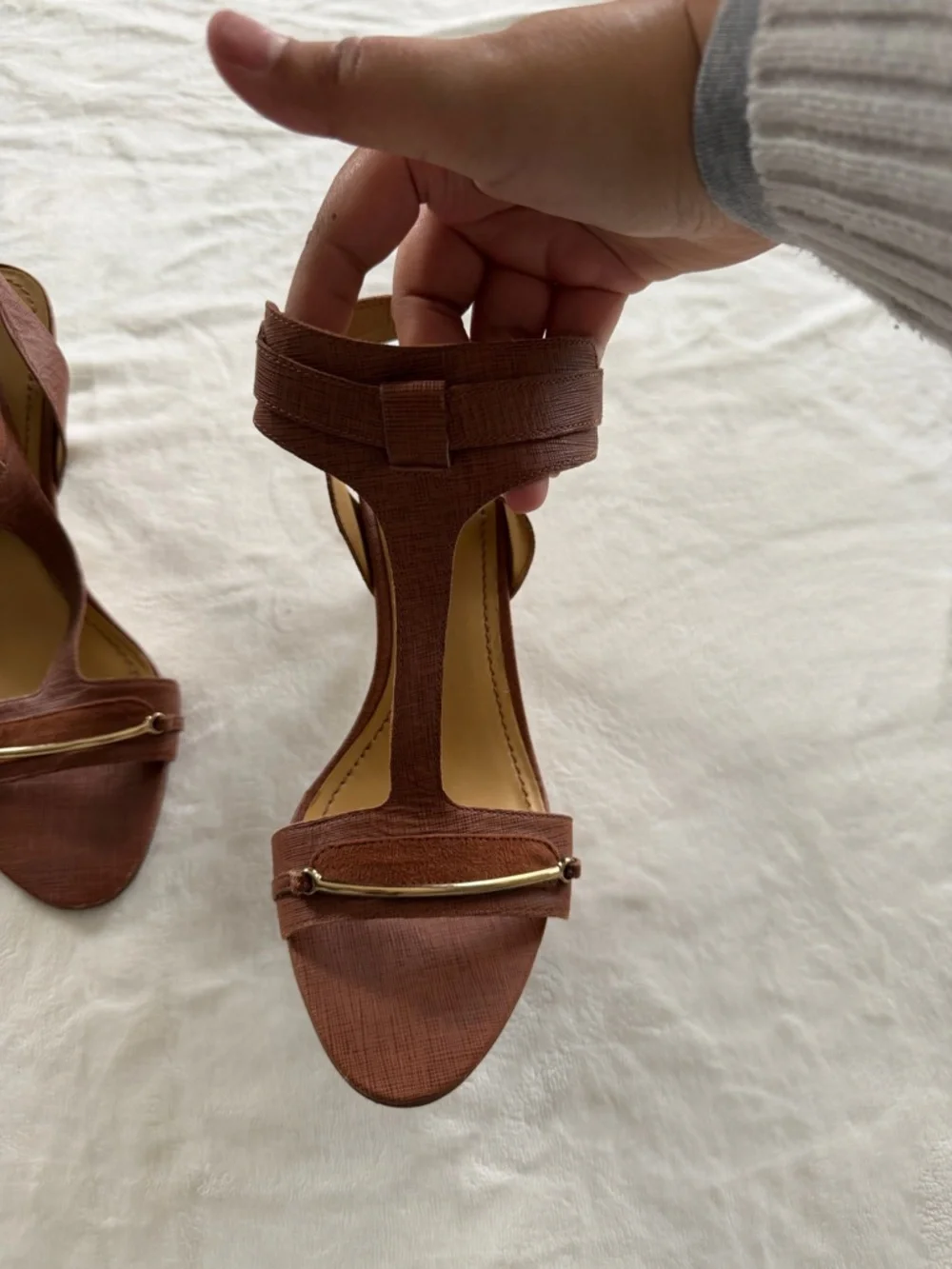 Nine West Brown T-Strap Heeled Sandals with Gold Accent - Picture 2 of 5